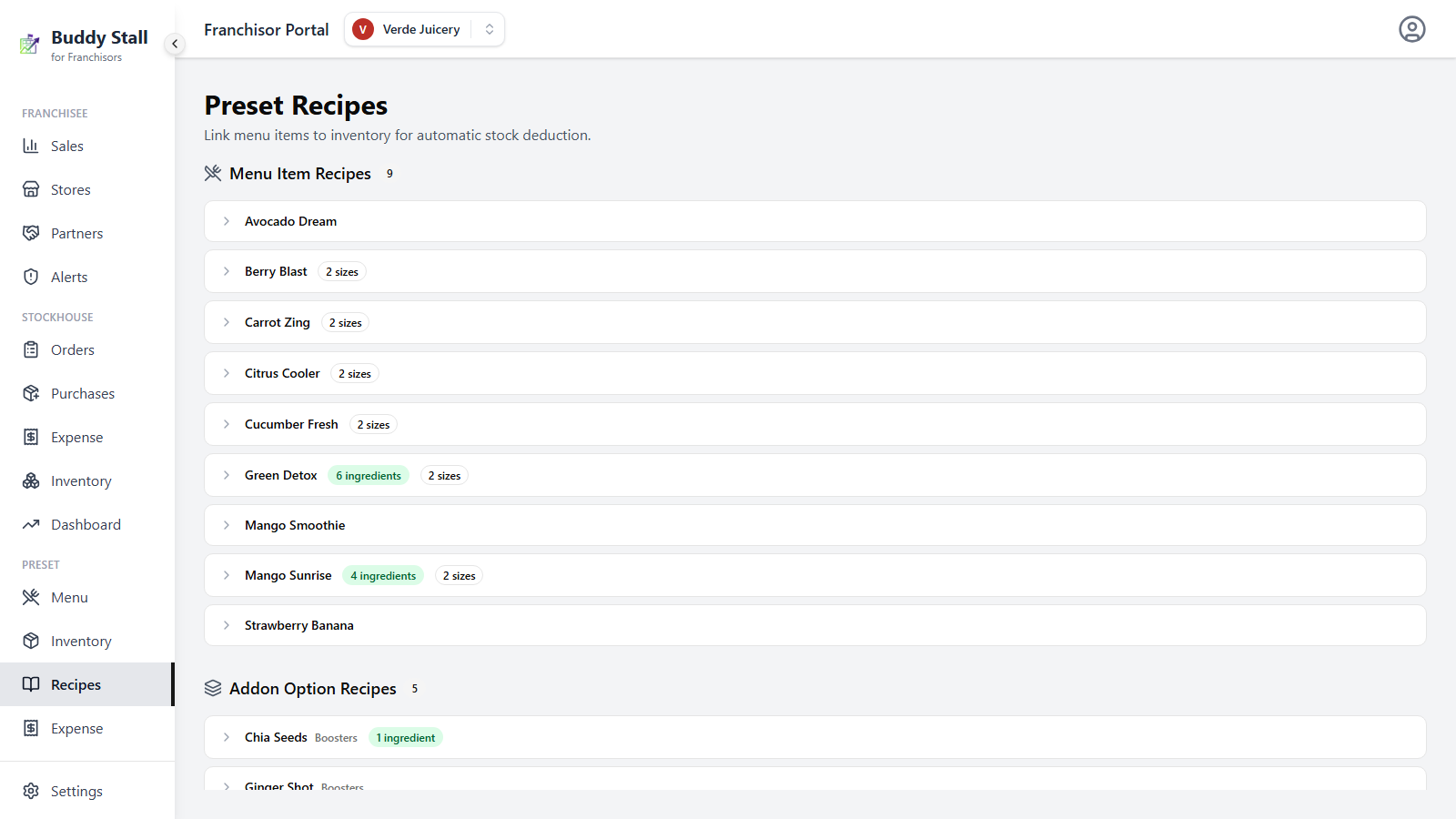 The Preset Recipes screen — the Menu Item Recipes section listing collapsed item rows, Green Detox carrying green '6 ingredients' and outline '2 sizes' badges, and the Addon Option Recipes section below