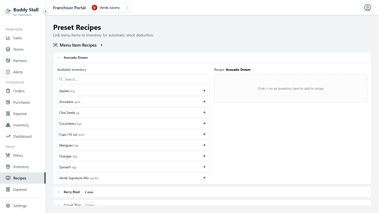 The Avocado Dream row expanded into its recipe editor — the Available Inventory panel with a Search box on the left, and the empty 'Recipe: Avocado Dream' panel on the right reading 'Click + on an inventory item to add to recipe'
