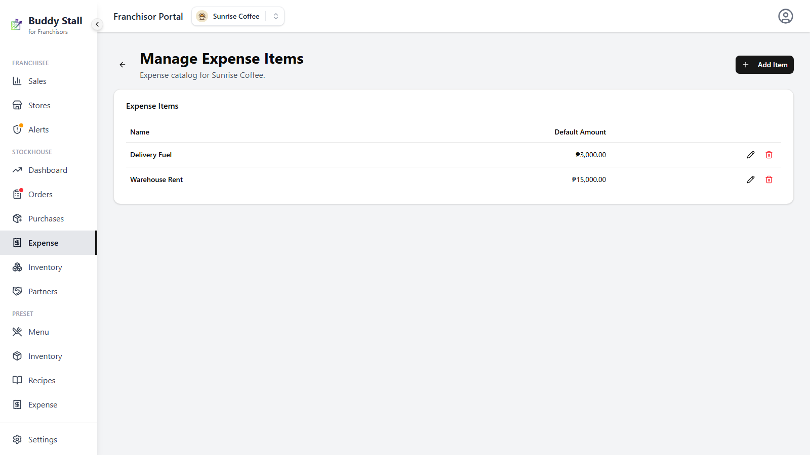 The Expense Items screen listing expense categories with their Name and Default Amount, plus add, edit, and archive actions per row