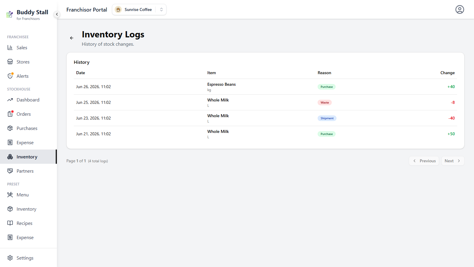 The Inventory Logs screen listing quantity changes with Date, Item, Reason, and a signed Change column