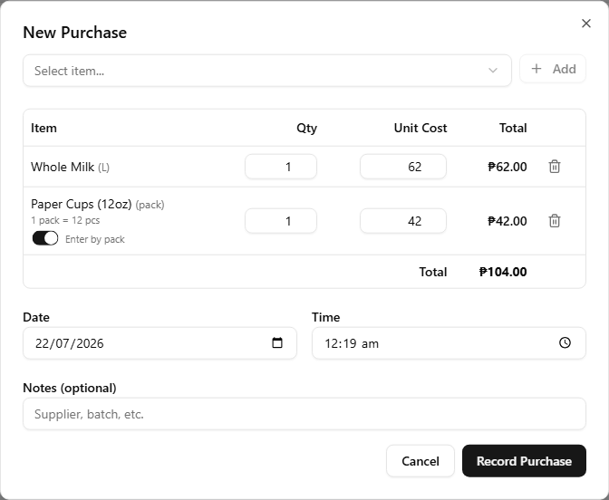 The New Purchase dialog with two line items added, each showing Item, Qty, Unit Cost, and Total, an Enter-by-pack switch on an order-unit line, a running Total row, Date and Time fields, and a Notes field