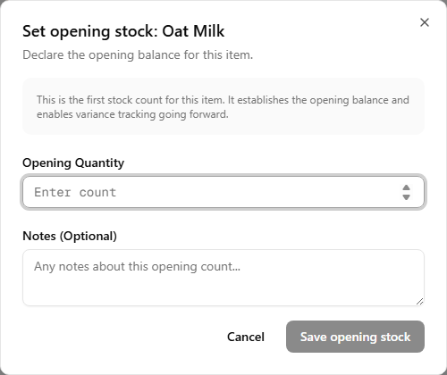 The Set opening stock dialog for an item, with framing text explaining it establishes the opening balance, an Opening Quantity field, and a Save opening stock button