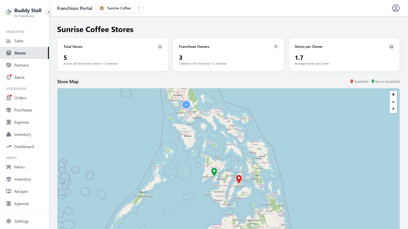 The Stores page — three stat cards above the Store Map, with red and green teardrop pins, a numbered cluster, and the BuddyStall / Not on BuddyStall legend