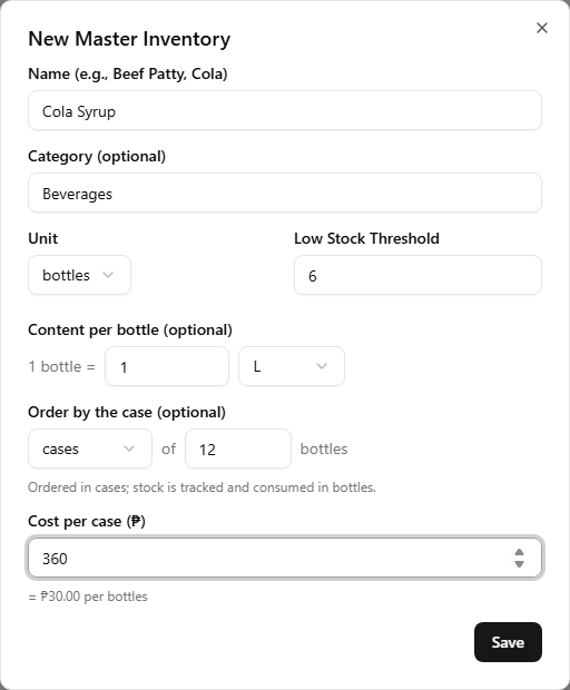 The New Master Inventory dialog — Name, Category, Unit, Low Stock Threshold, Content per unit, Order unit, and Cost fields, filled in for a Cola Syrup example