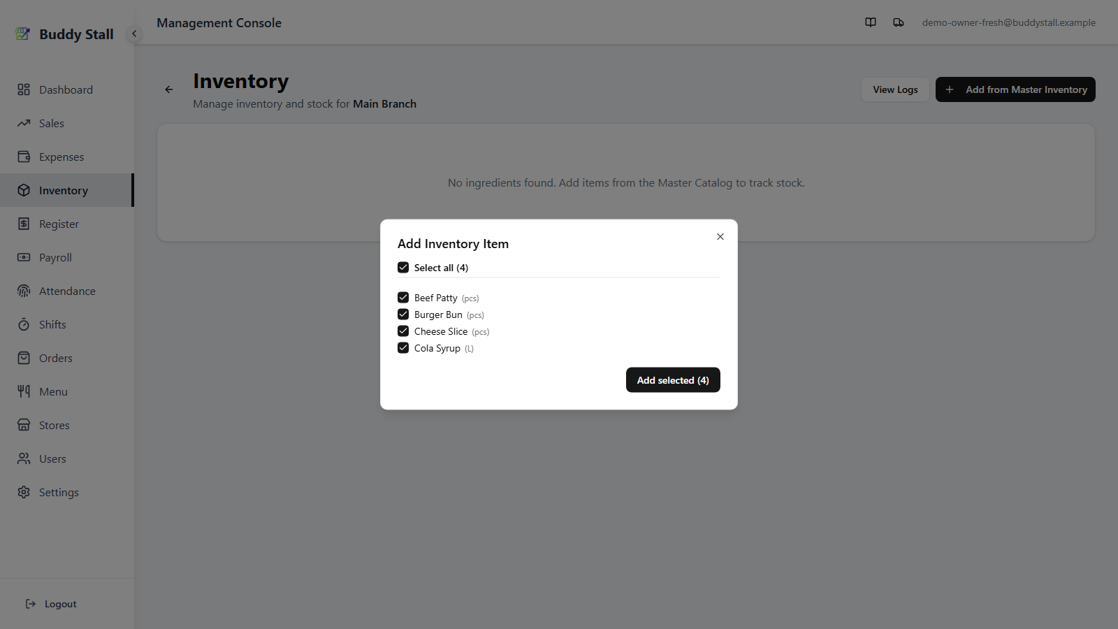 The Add Inventory Item dialog open, showing a Select all checkbox and one checkbox per master item, with an Add selected button in the footer