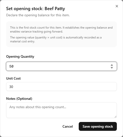 The Set opening stock dialog open for an item, with a Staff Member picker, an Opening Quantity field, a Unit Cost field, and a Notes field