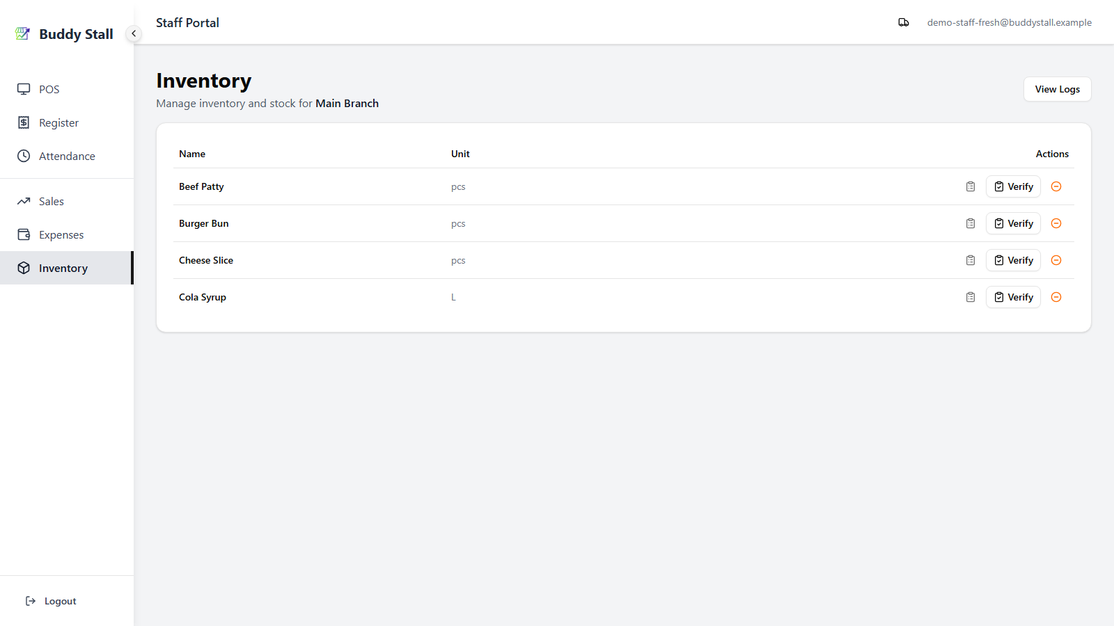 The staff portal store inventory screen, listing ingredients with the Verify and View History buttons on each row