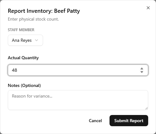 The staff portal Report Inventory dialog — a Staff Member picker, an Actual Quantity field with a count entered, and a Notes field, with no expected-stock or variance breakdown