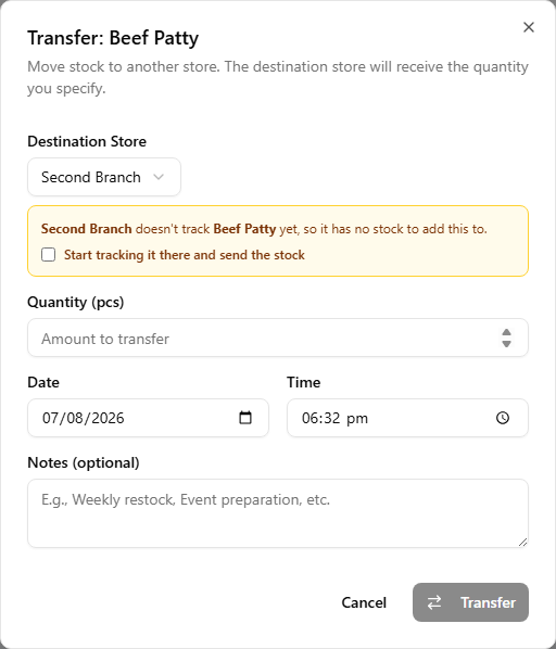 The Transfer: Beef Patty dialog with Second Branch chosen as the Destination Store — an amber block reads 'Second Branch doesn't track Beef Patty yet, so it has no stock to add this to.' above an unticked 'Start tracking it there and send the stock' checkbox, and the Transfer button is greyed out