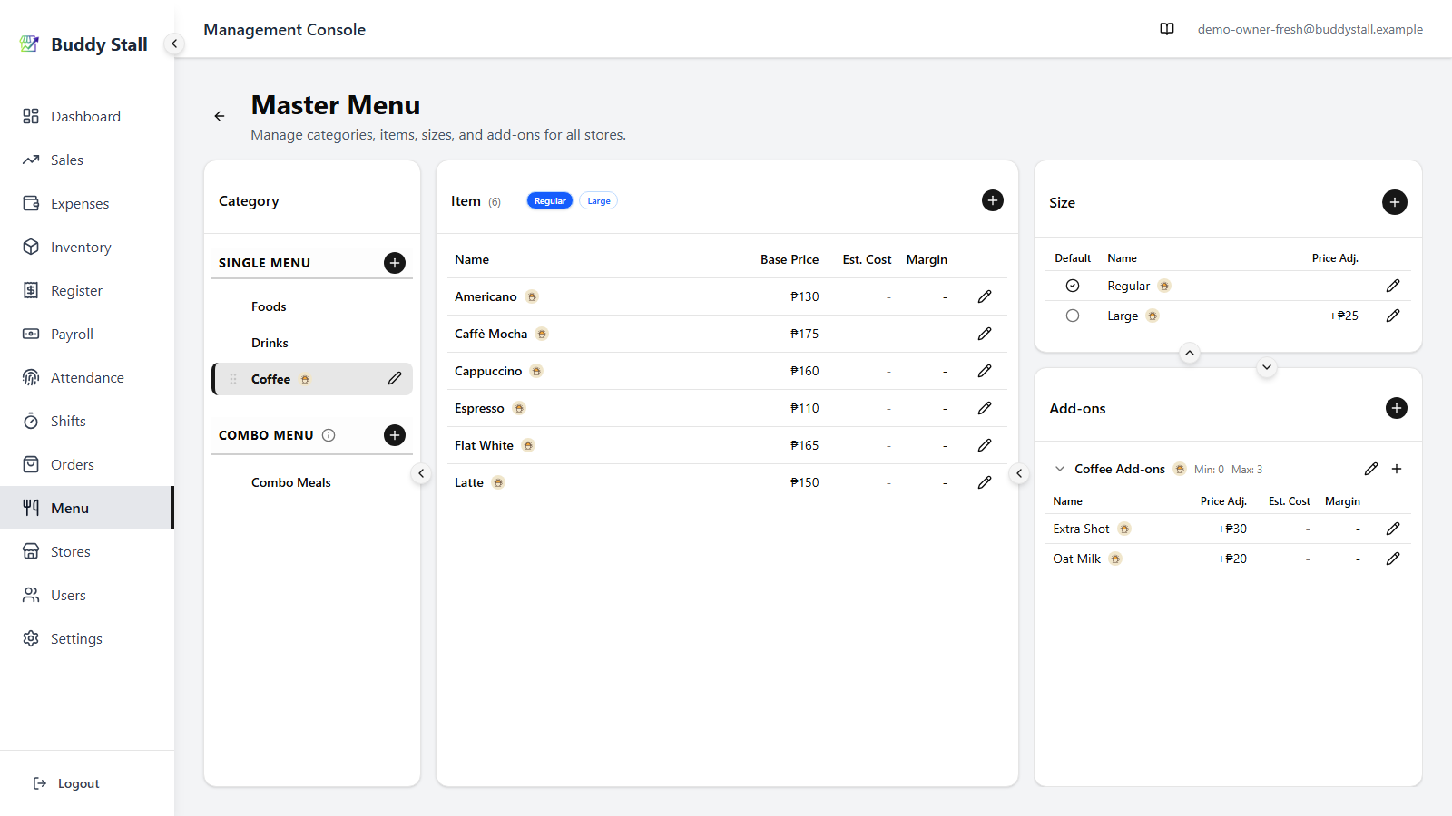 The Master Menu for a franchise-connected owner — own Foods and Drinks categories alongside a 'Coffee' category pulled from the franchisor's preset, whose category row, items, sizes, and add-ons all carry the franchise logo badge.
