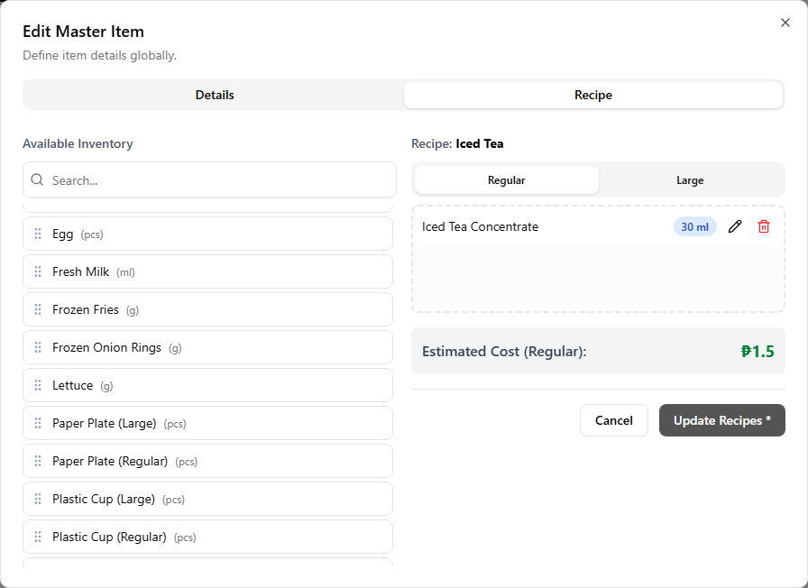The Recipe tab with one ingredient added and the Update Recipes button at the bottom of the dialog highlighted in its enabled, pulsing state