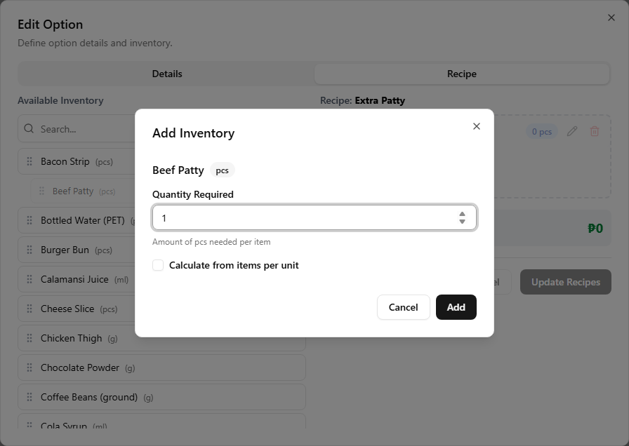 The Add Inventory dialog open over the add-on recipe zone, with a Quantity Required field and the ingredient's unit displayed next to its name