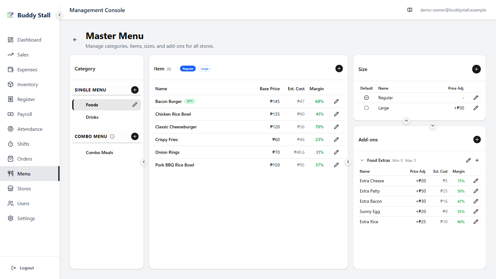 The Master Menu screen, showing the Categories, Items, and Sizes & Add-ons panels