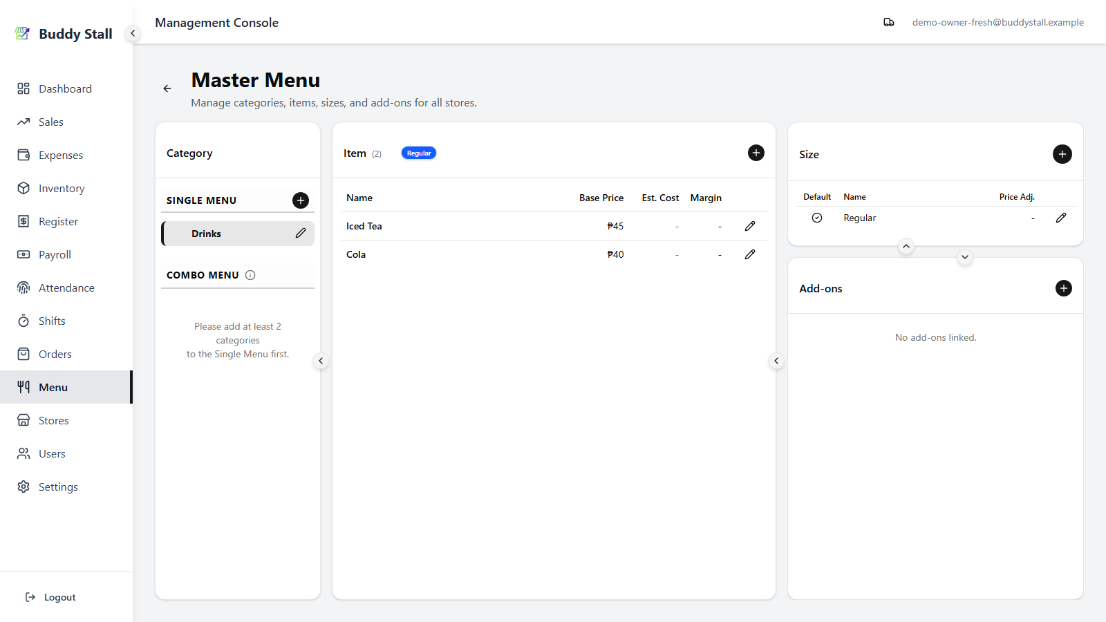 The Sizes panel with the + button highlighted; Regular is already listed as the default size