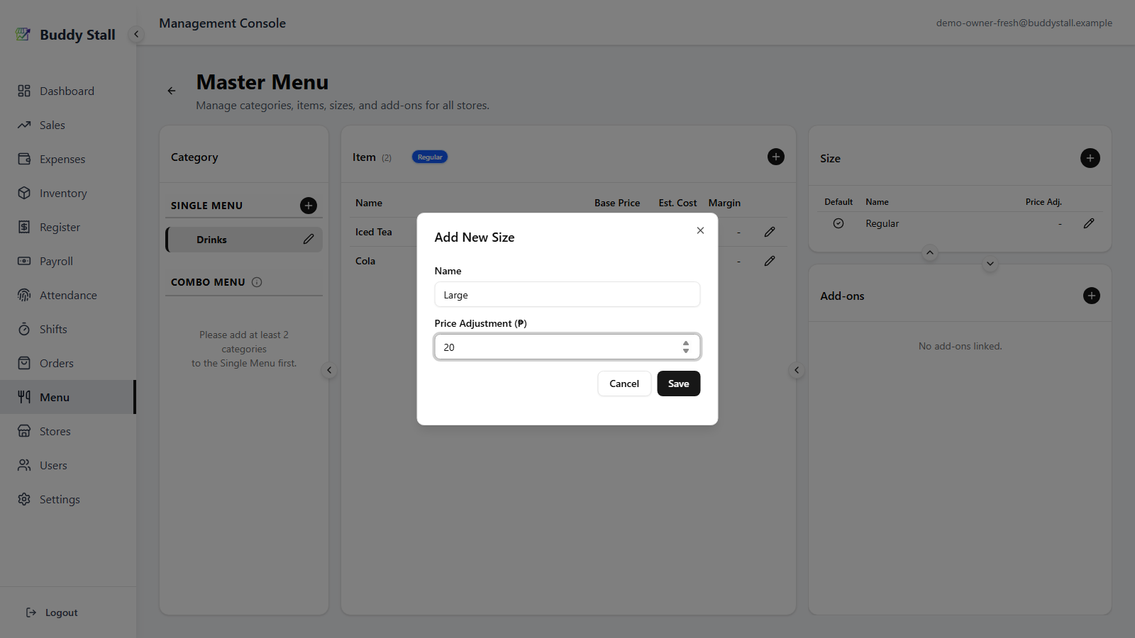 The Add New Size dialog open, with 'Large' typed in Name and 20 in Price Adjustment
