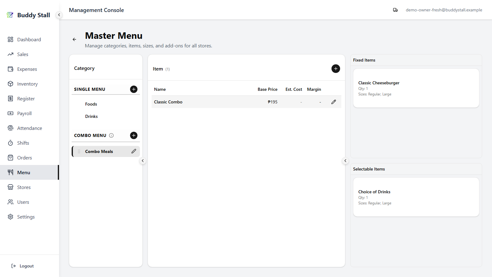 The Master Menu with Combo Meals selected, Classic Combo listed as the only combo item, and its set components (Classic Cheeseburger and Choice of Drinks) shown on the right