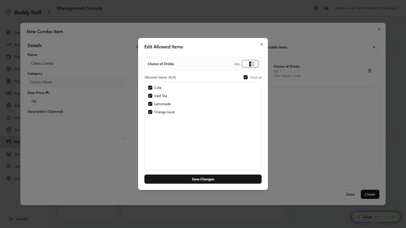 The Edit Allowed Items dialog opened from a selectable card, showing the locked category and the allowed-items checklist