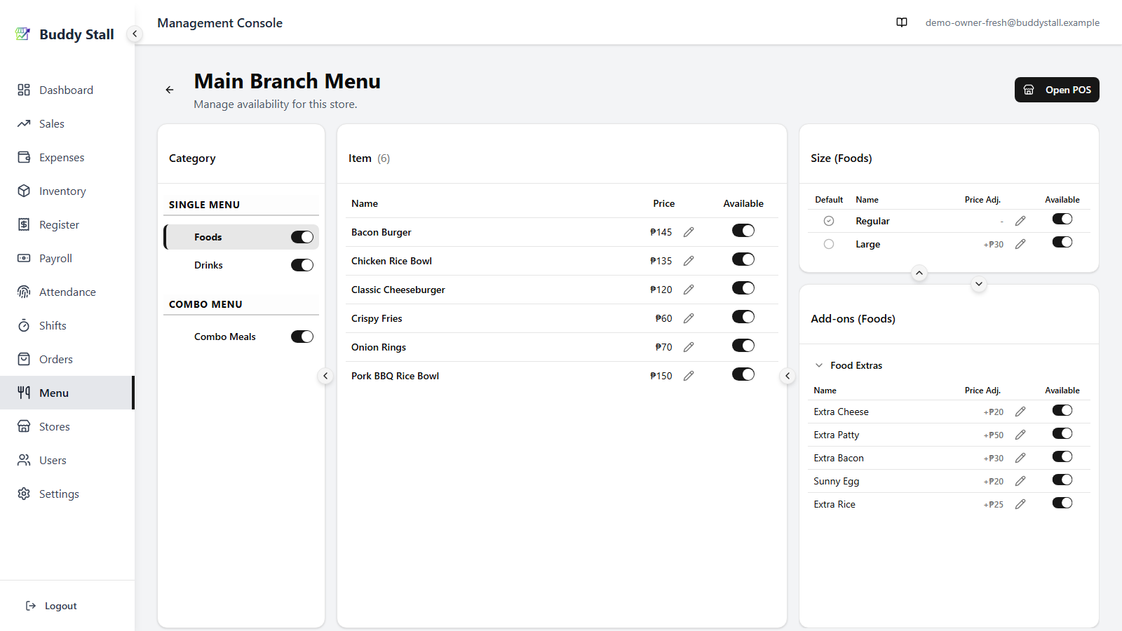 The Store Menu screen for the new store, populated with master categories and items at master prices