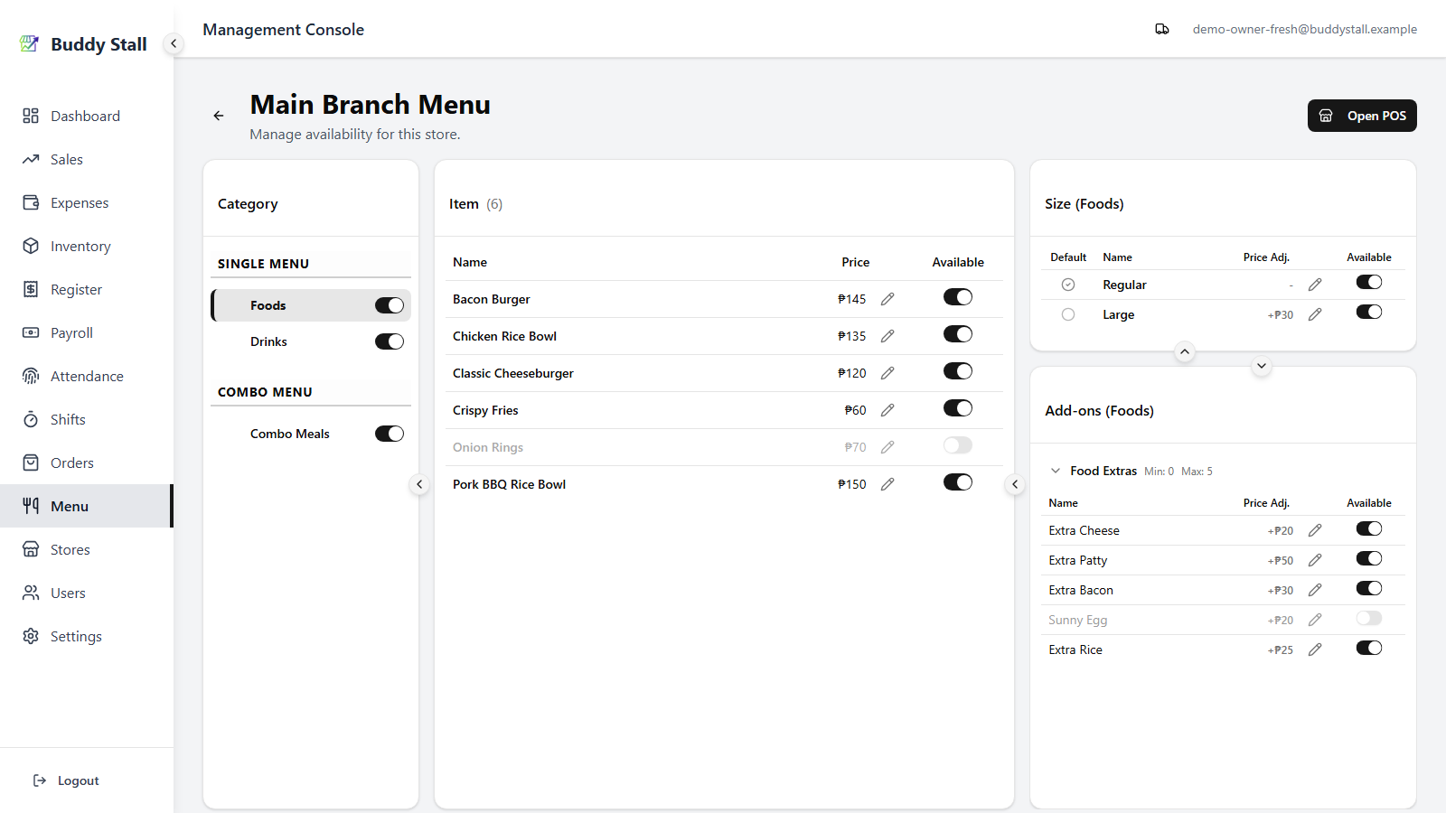 The Store Menu with Onion Rings and Sunny Egg already dimmed; the Available toggle on the Crispy Fries row is highlighted