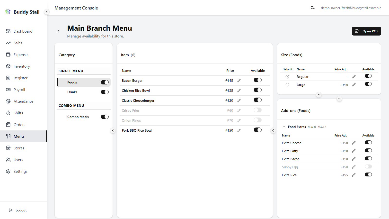 The Store Menu with Crispy Fries now also dimmed, alongside Onion Rings and Sunny Egg