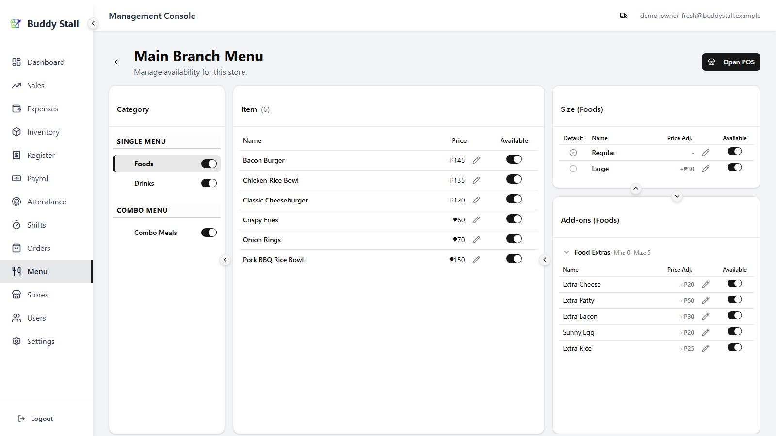 The Store Menu with the edit pencil on the Classic Cheeseburger row highlighted