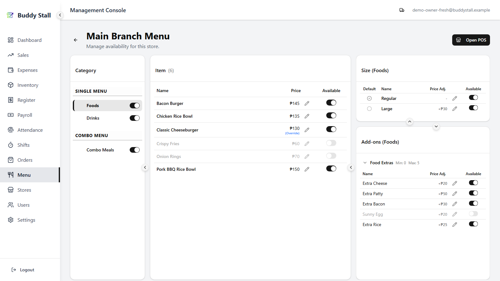 The Main Branch Menu screen with the Open POS button in the top-right highlighted