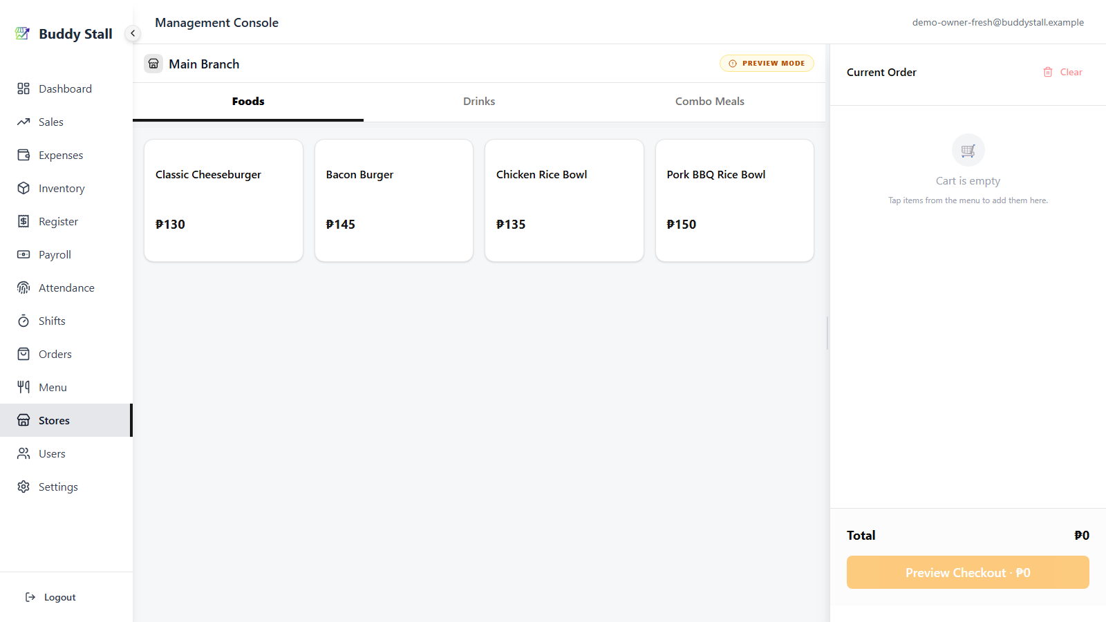 The POS in admin preview mode for Main Branch — categories tabs, item tiles and prices reflecting the master + store overrides