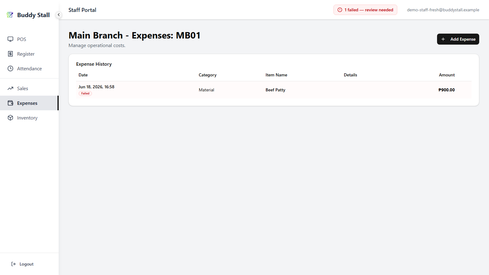 An Expenses list row carrying a red 'Failed' badge, with its Edit and Delete actions hidden