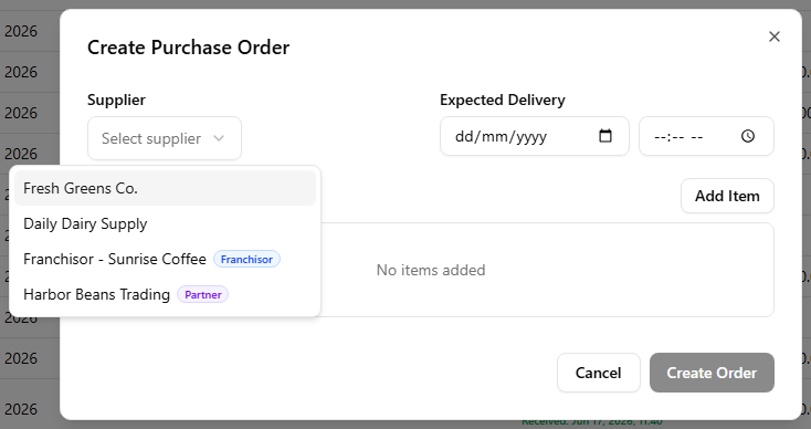 The Create Purchase Order dialog's Supplier picker open, listing the store's own suppliers plus the franchisor stockhouse and an approved partner, each carrying a franchise badge