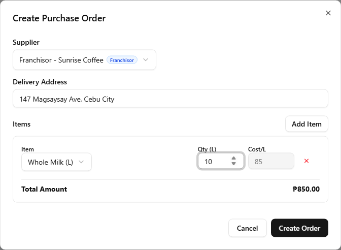 An item row in the Create franchise order dialog with a greyed-out, read-only Cost field filled from the seller's price