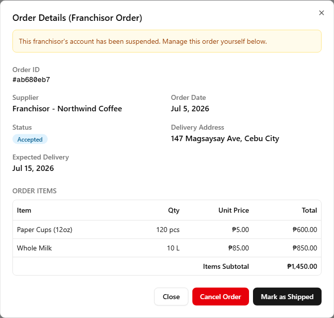 A Franchisor order's details with an amber banner reading that the franchisor's account has been suspended and to manage the order yourself, above the order's Accepted status and a Mark as Shipped button in the footer
