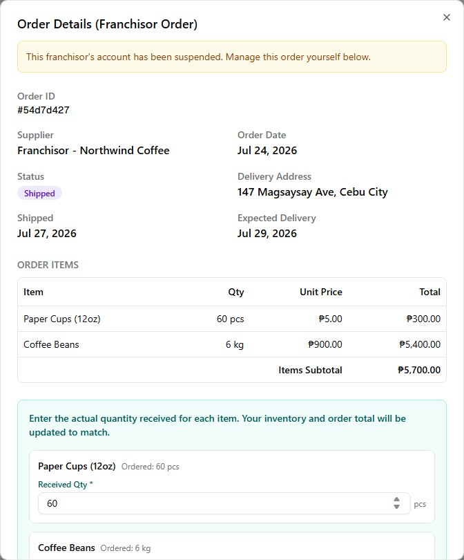 A suspended Franchisor order's receiving panel — a note that your inventory and order total will update to match, with a per-line Received Qty field for each item