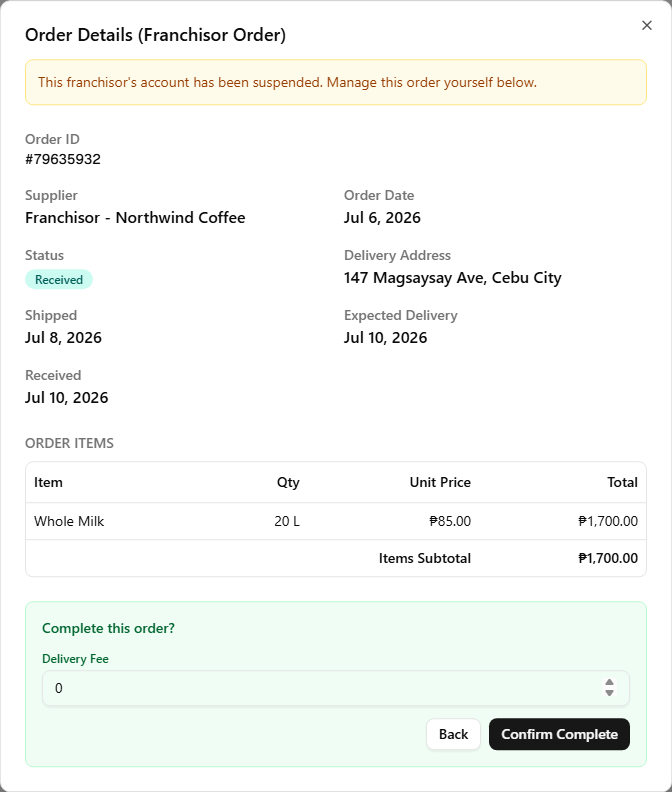A suspended Franchisor order's Complete Order panel with a Delivery Fee input, ready to close the order and post the fee as a Transportation expense