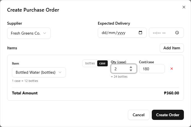 A Create Purchase Order line for Bottled Water entered in its order unit — a bottles/case unit toggle by the item, a '1 case = 12 bottles' conversion note, a Qty (case) field with 2 and a '= 24 bottles' equivalent beneath it, and an editable Cost/case field