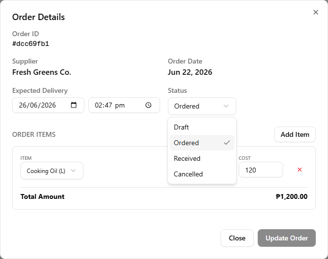 The Order Details dialog open on an order in Ordered status, with the supplier, expected delivery, status dropdown, and an editable item table