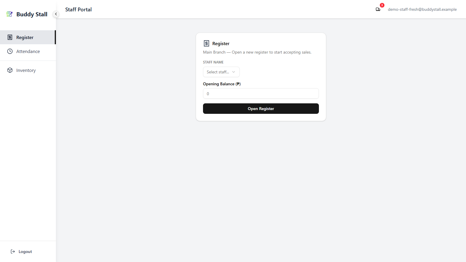 The staff portal with the truck badge in the top-right header showing a red number-3 count of upcoming deliveries