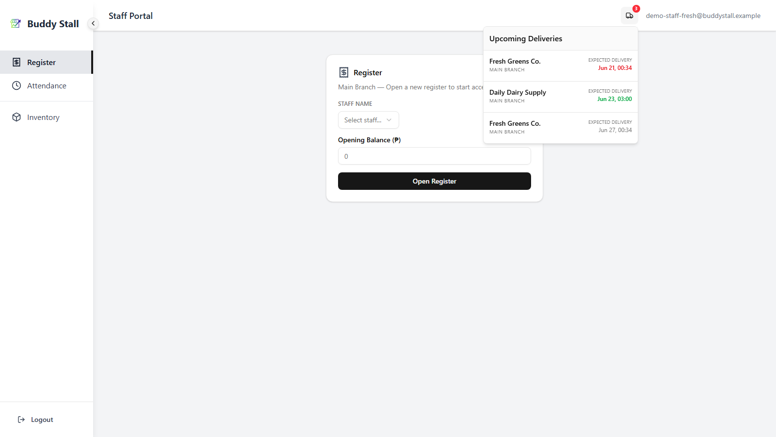 The staff portal with the Upcoming Deliveries popover open under the truck icon in the header — three rows showing supplier, store, and expected delivery, one row red (overdue) and one green (today)