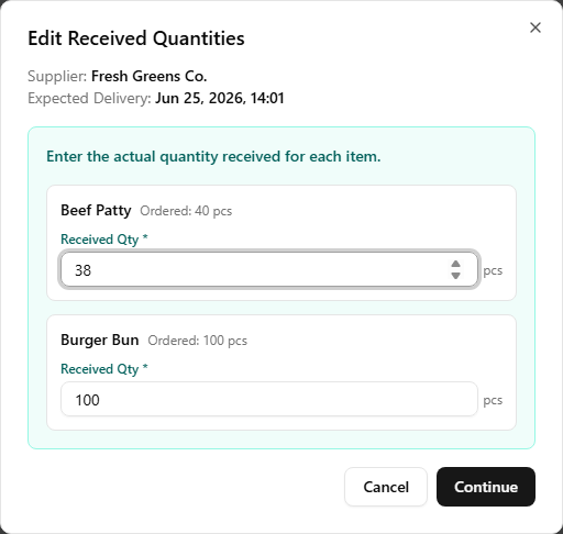 The Edit Received Quantities dialog — each ordered line shows a Received Qty input pre-filled with the ordered amount, one edited to a lower number, with Cancel and Continue buttons