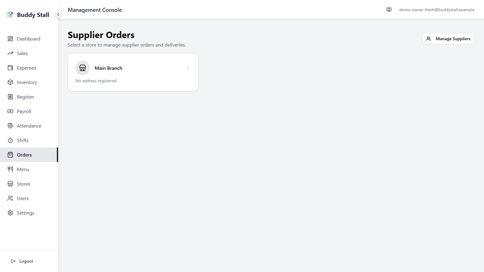 The Supplier Orders store-picker page with a Manage Suppliers button in the top right
