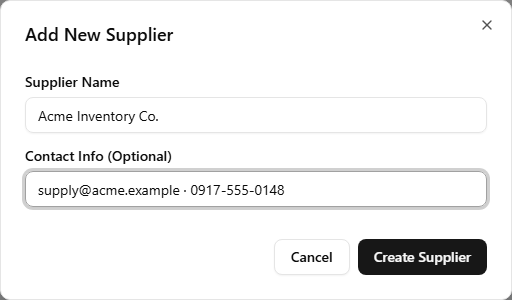 The Add New Supplier dialog with a Supplier Name field and an optional Contact Info field