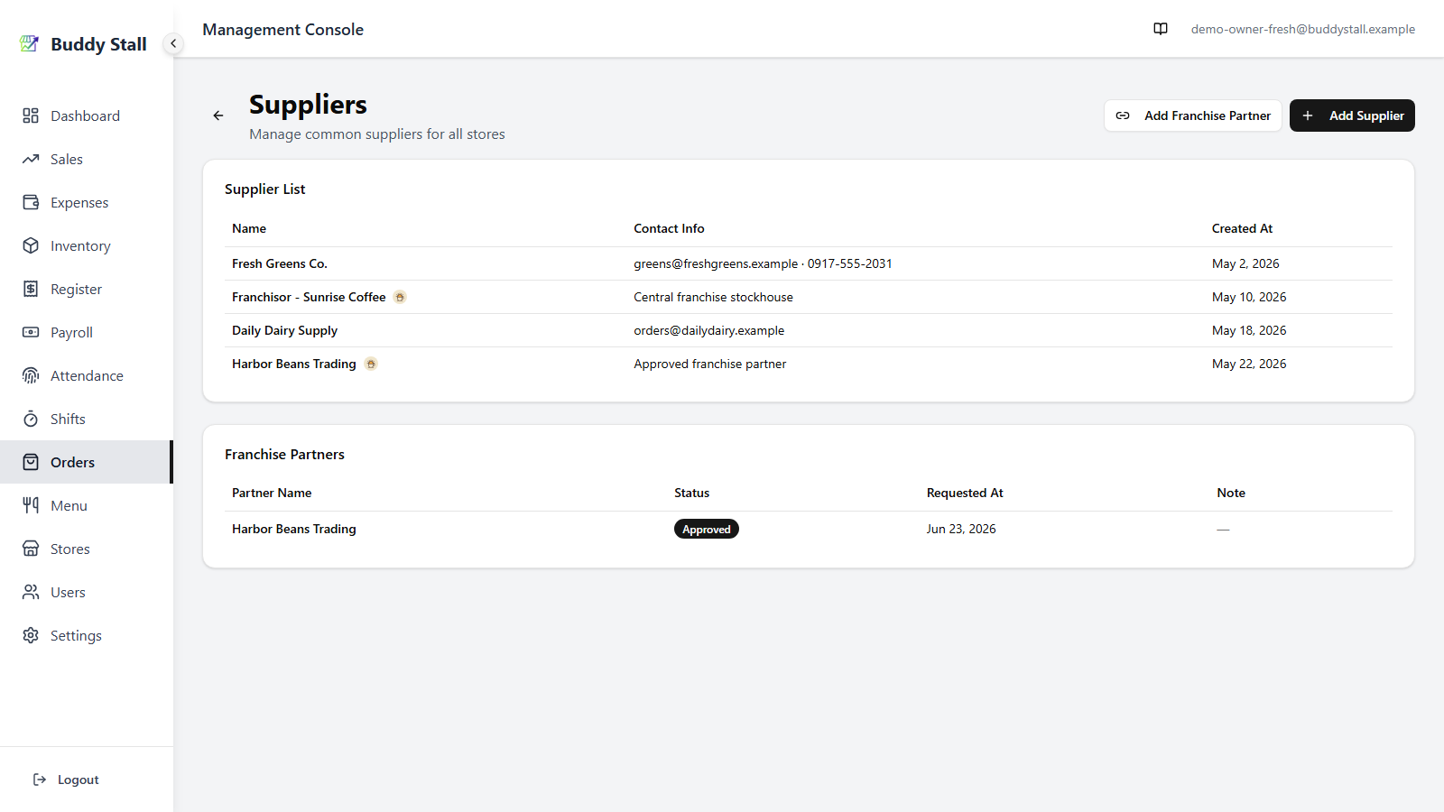 The Suppliers page after a partner is approved — the partner appears in the Supplier List with a franchise badge and as an Approved row in the Franchise Partners card