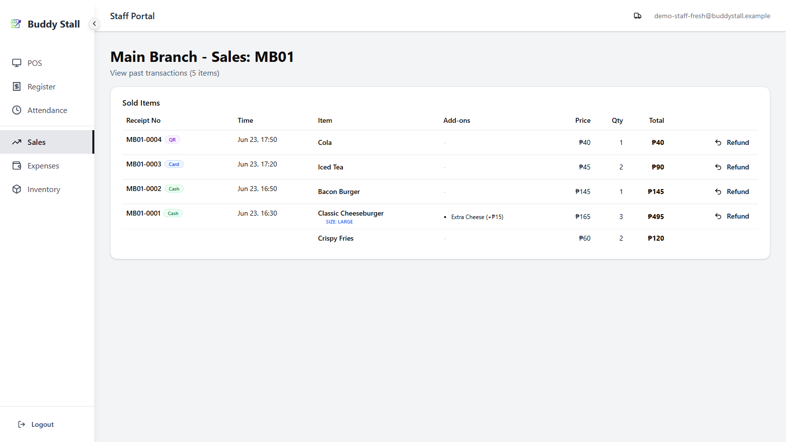 The full staff Sales History with the curved-arrow Refund button on the Bacon Burger (MB01-0002) row highlighted at the right end