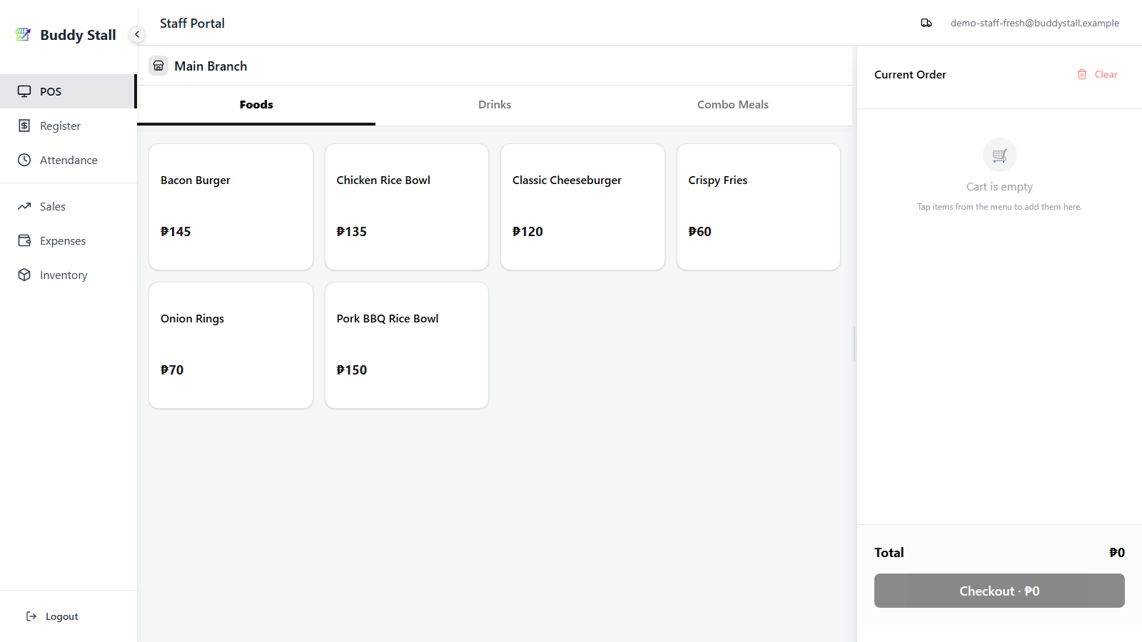 The POS menu grid with an empty cart and one menu card outlined to show where you tap to add an item