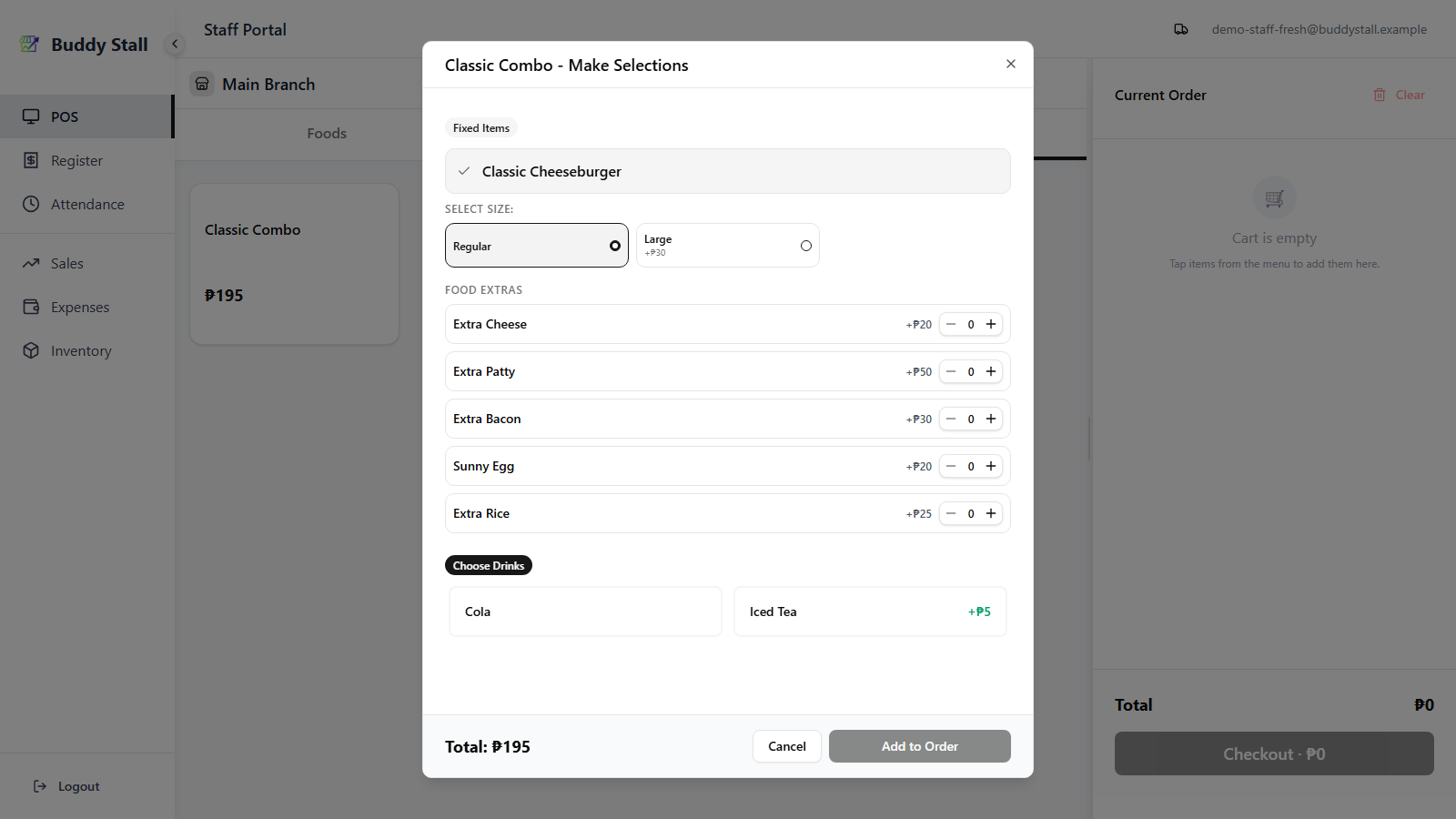 The POS with the combo selection dialog open over the menu, one slot per component and a choice picker per slot