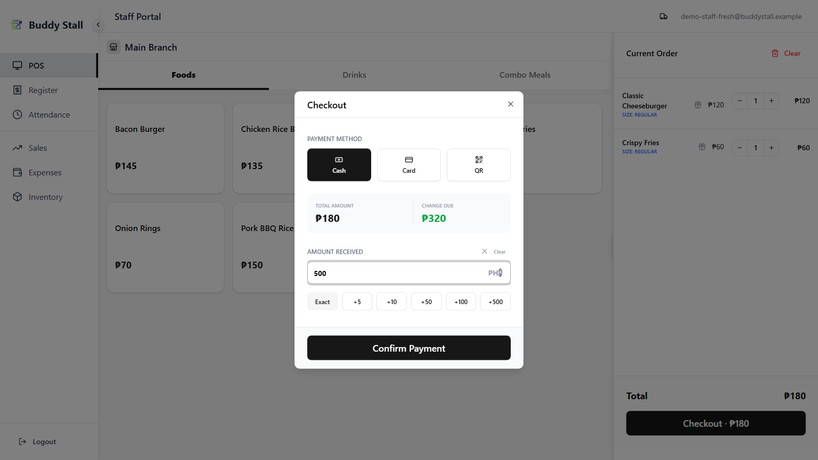 The POS with the Checkout dialog open — Cash selected, an Amount Received field, quick-add denomination buttons, and a Change Due readout