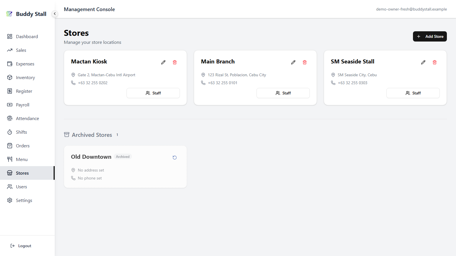 The Stores page with a grid of store cards and an Add Store button highlighted in the header