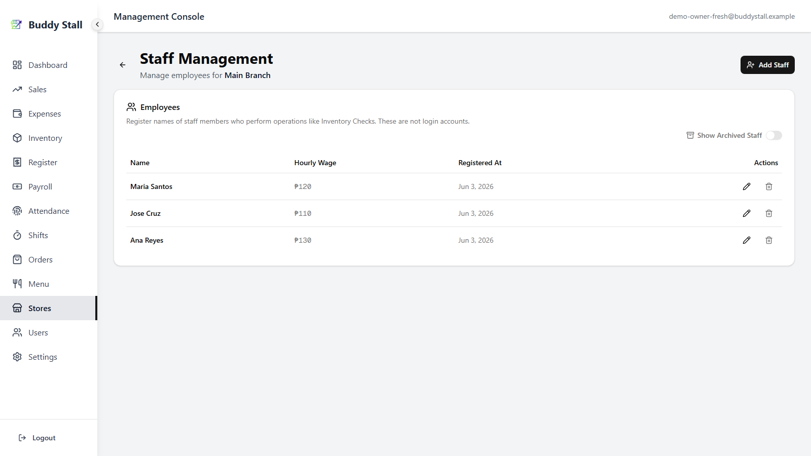 The Staff Management page with the Add Staff button highlighted in the header