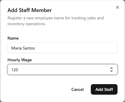 The Add Staff dialog with Name and Hourly Wage fields, plus Cancel and Save buttons